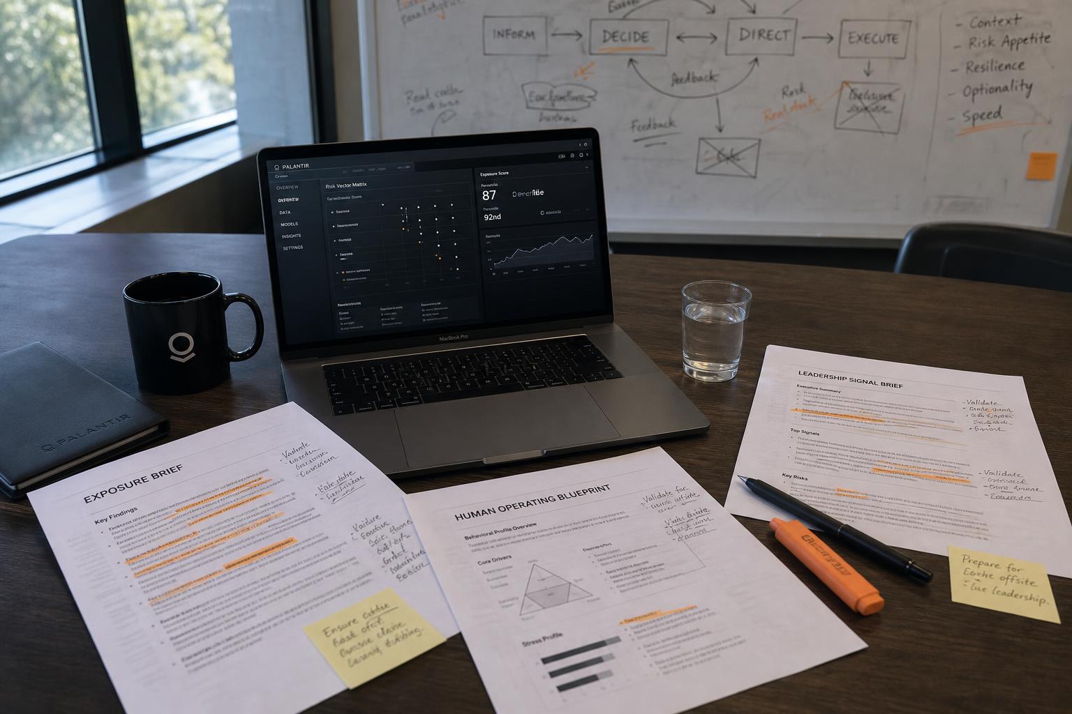 Confidential executive advisory environment — Human Velocity deliverables arranged on a walnut boardroom table: Exposure Brief, Operating Blueprint, Quarterly Leadership Signal Brief.