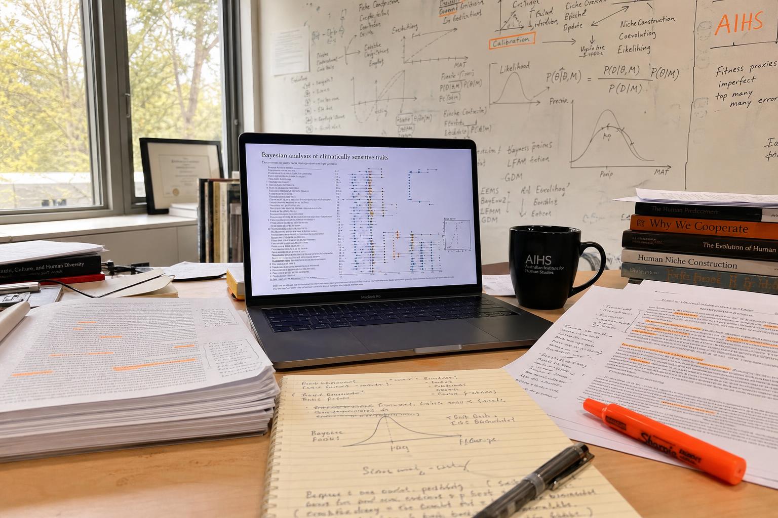 Institutional research environment — Human Adaptation Science monograph, AIHS field records, longitudinal study charts, brass reading magnifier on a pale oak table.