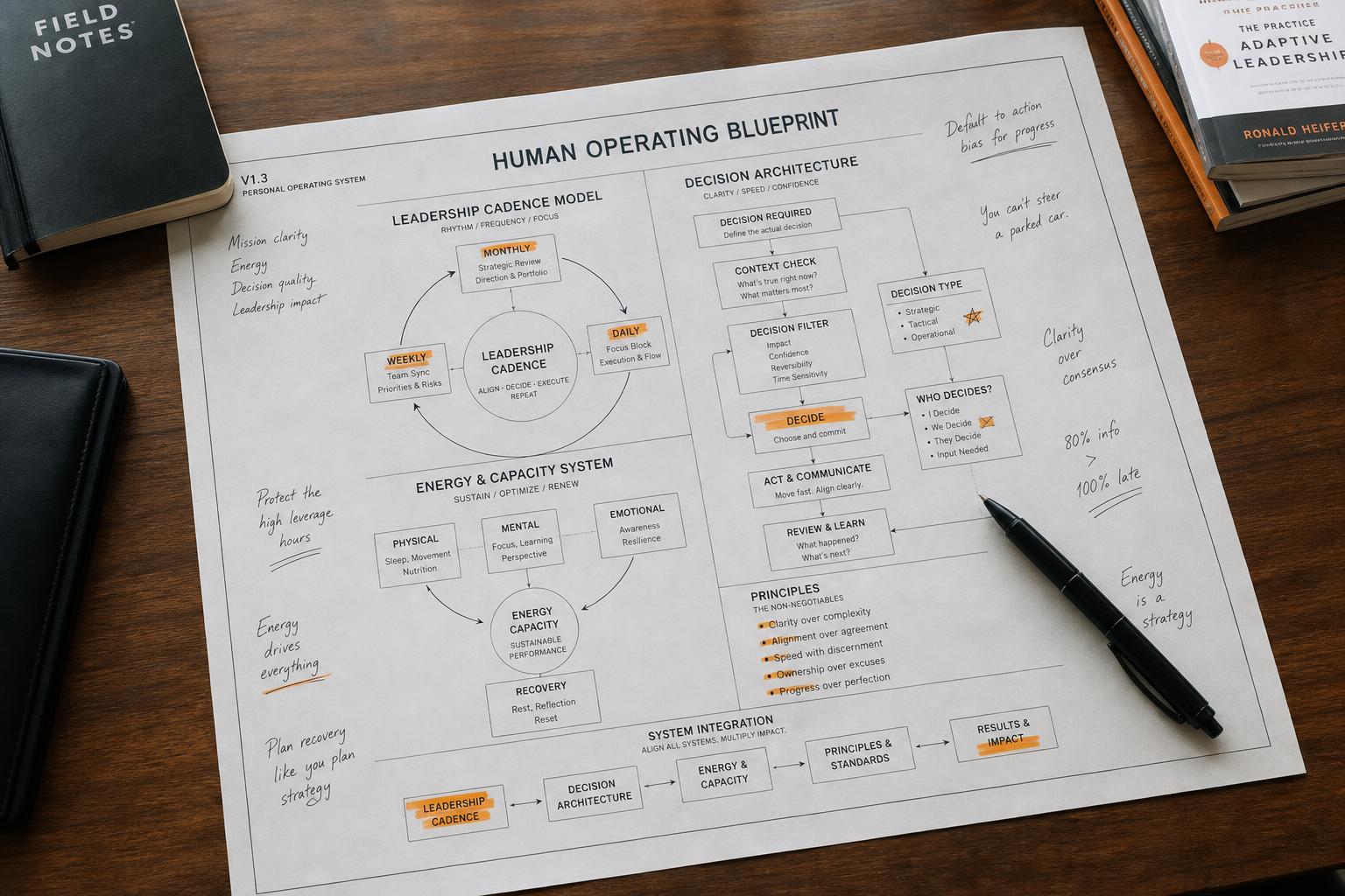 Folded Human Operating Blueprint architectural diagram with Decision, Escalation, Cadence, and Guardrail nodes.
