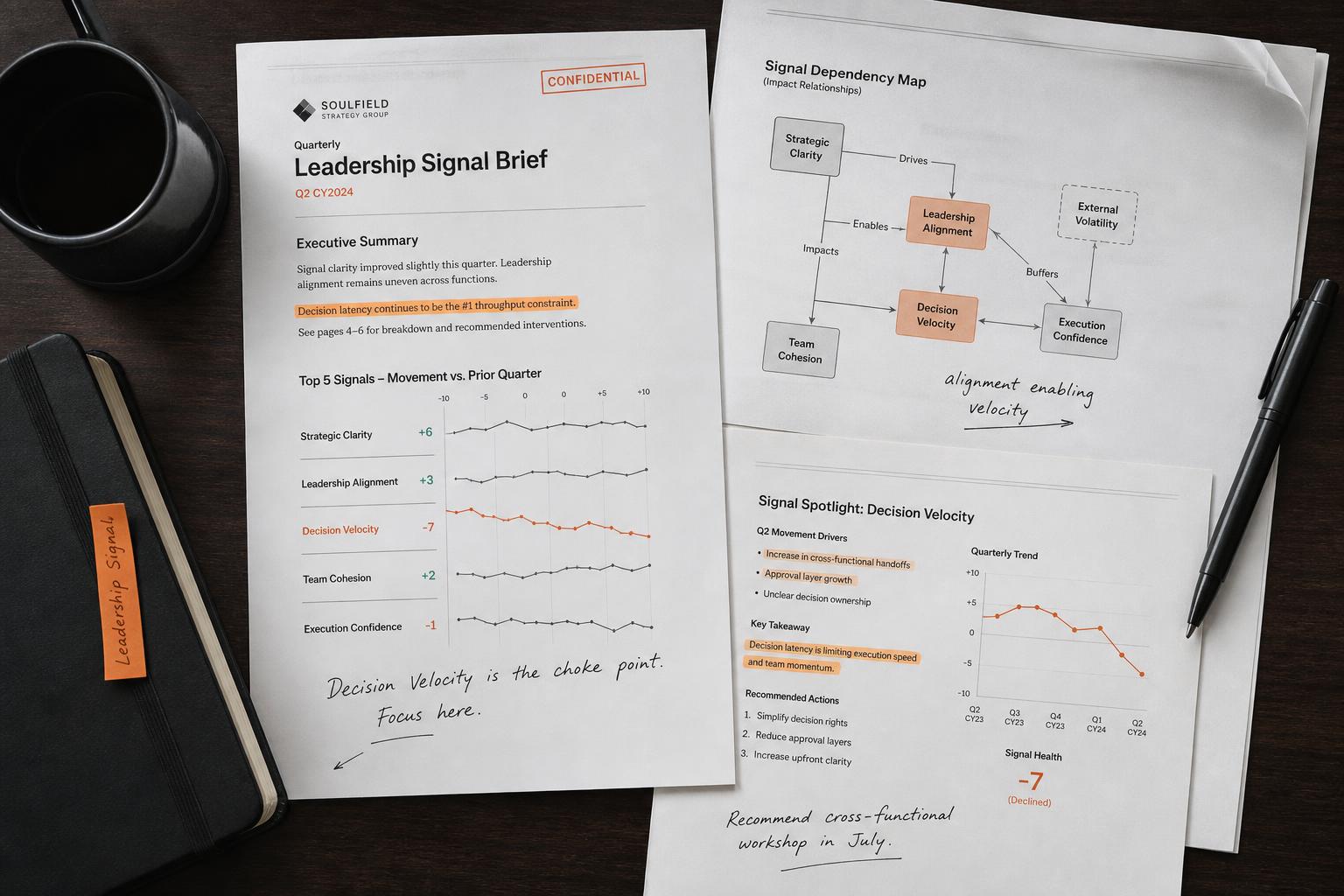 Quarterly Leadership Signal Brief memo spread showing trend movement and a critical-operator dependency map.
