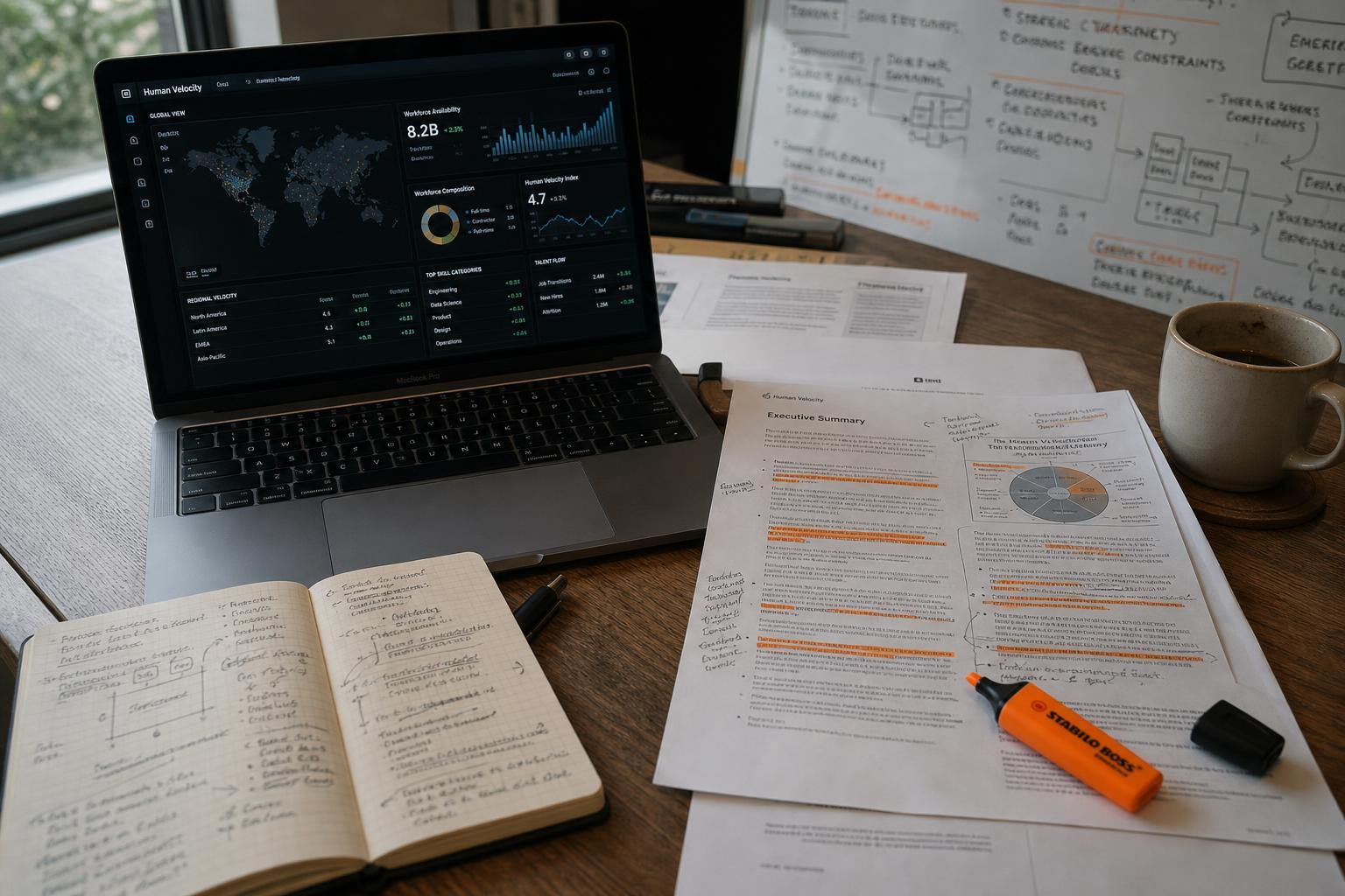 Executive working session with Human Velocity Exposure Brief, MacBook Pro, and orange-highlighted findings