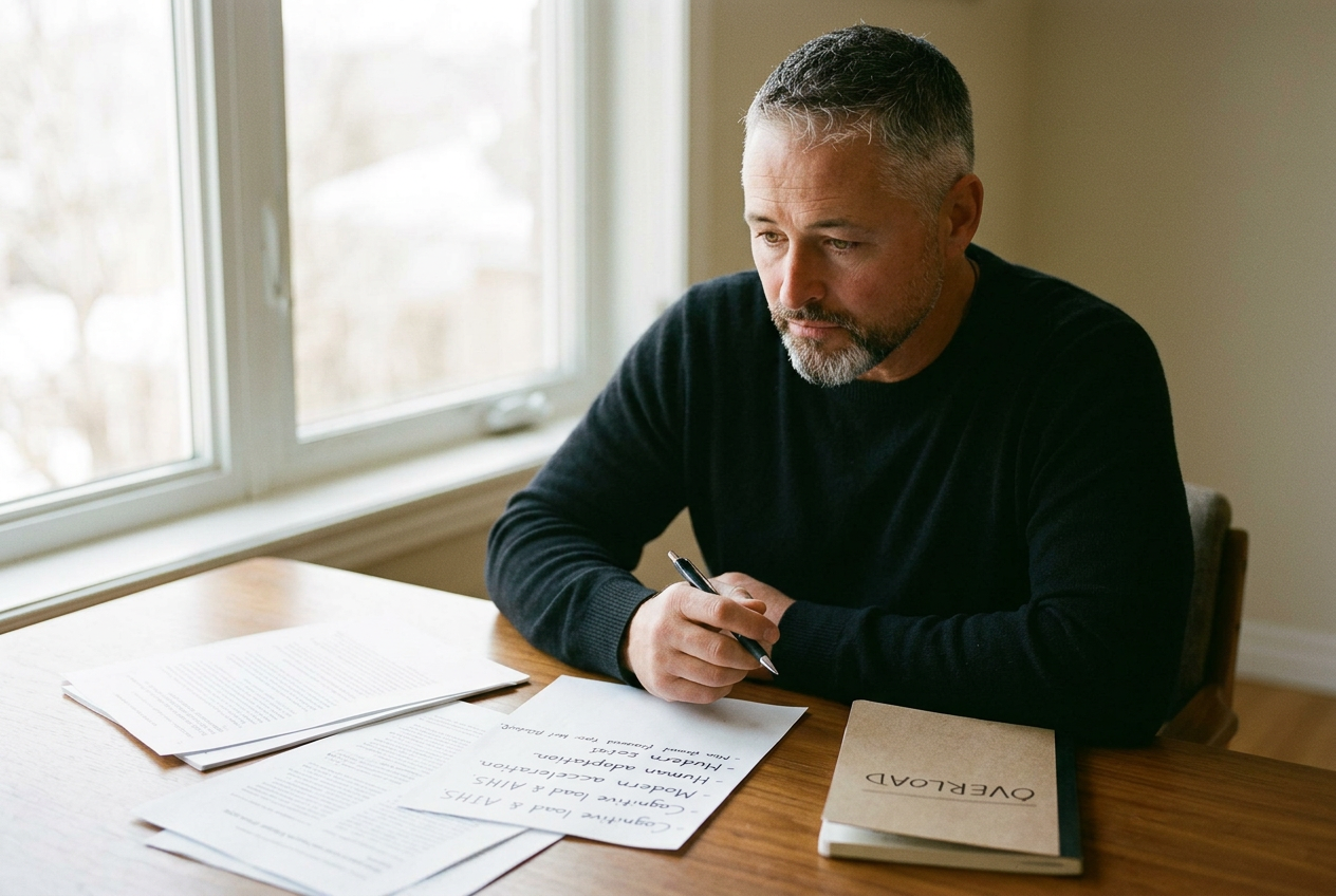 An operator at a desk in natural light — notebooks open, screens dimmed, a moment of thinking before the next decision.